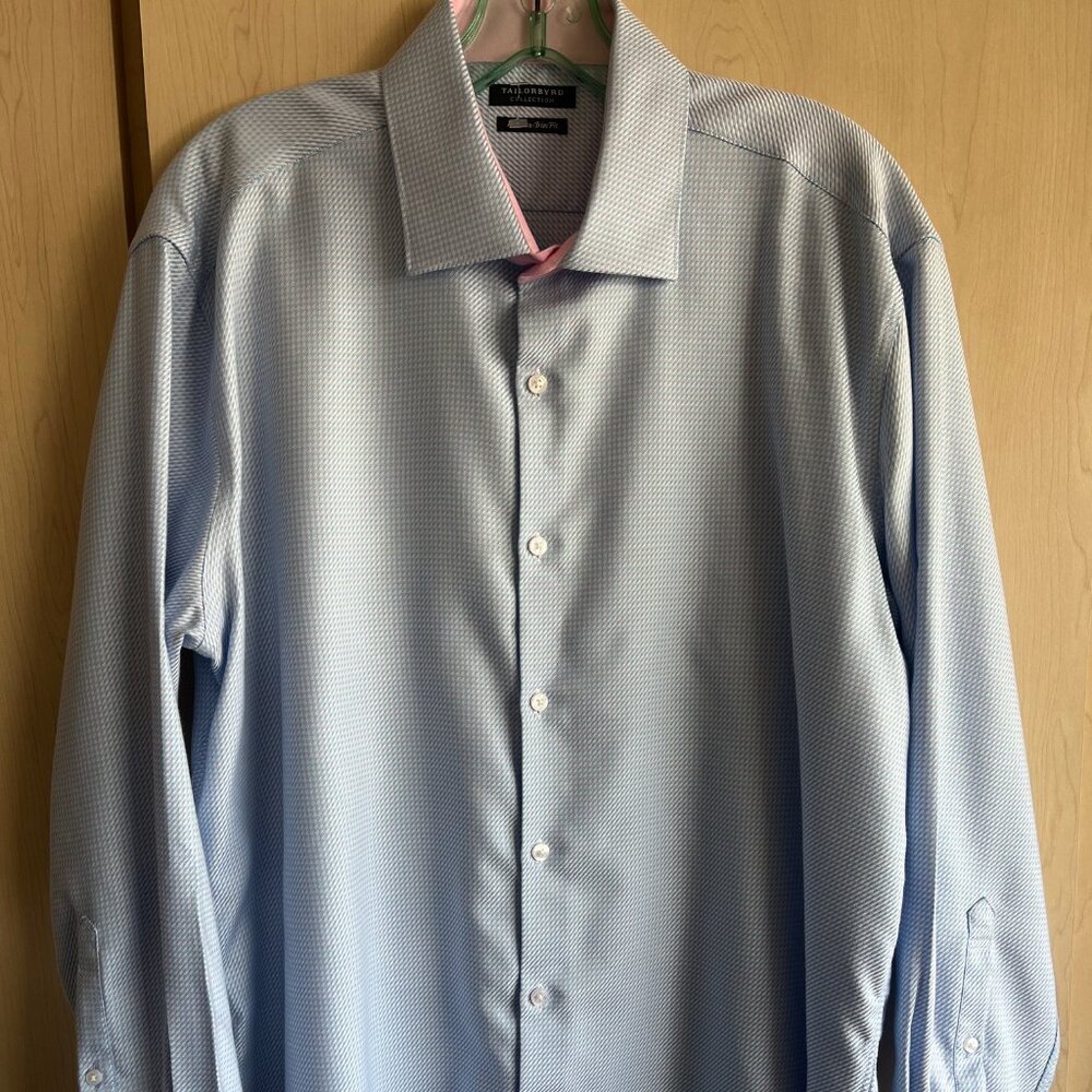 Tailorbyrd Men Size 16.5-32/33 Trim Fit Non Iron Long Sleeve Blue Pink Shirt